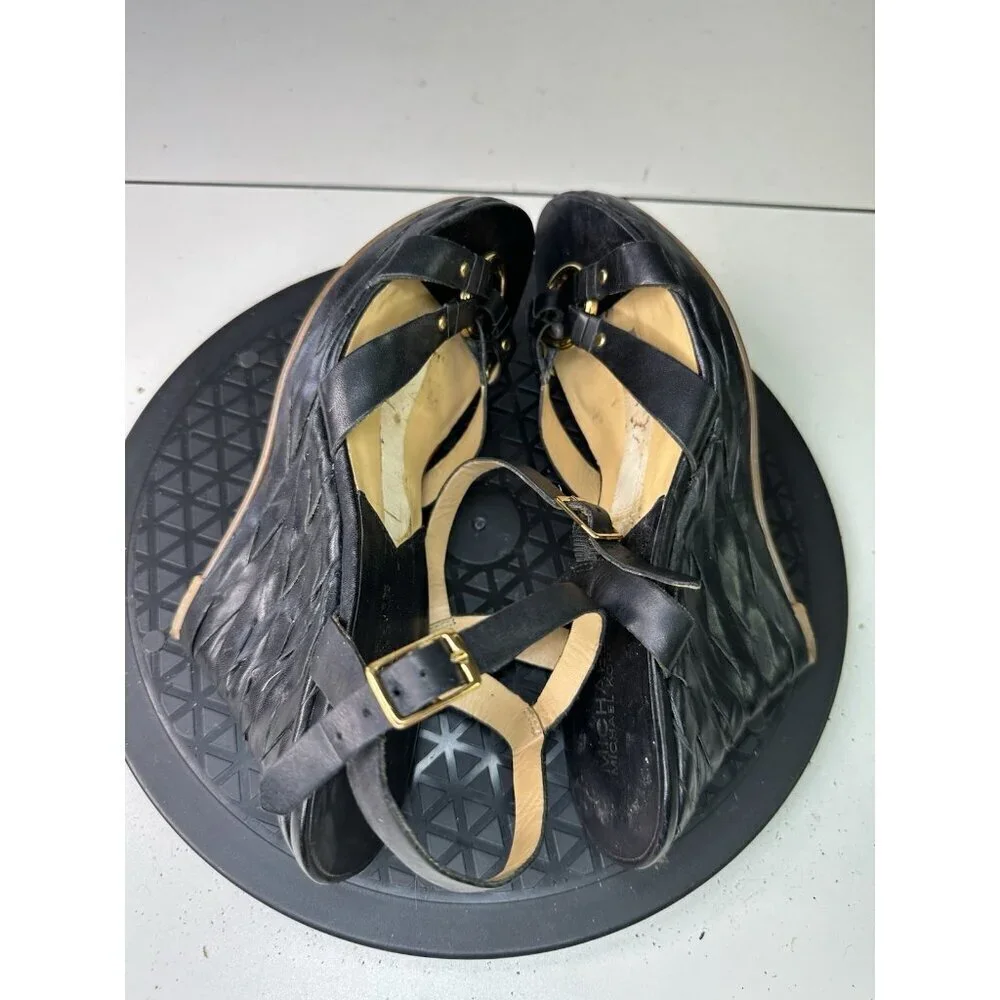 Michael Kors Sandals Black Leather Wedge Sz 8.5